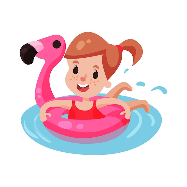 Garota feliz nadando com bóia salva-vidas inflável rosa, criança se divertindo na piscina ou no mar colorido personagem vetorial ilustração em um fundo branco