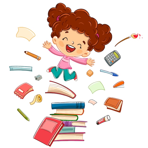 Vetor garota feliz pulando em alguns livros rodeados de material escolar