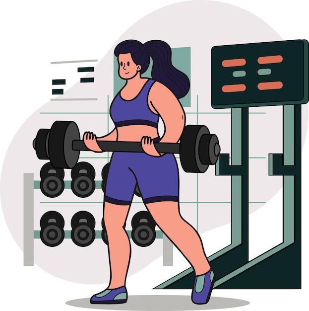 Garota fitness saudável levantando pesos na ilustração de ginásio em estilo doodle