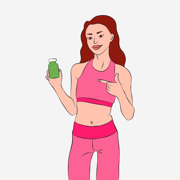 Vetor garota fitness segurando a ilustração desenhada à mão da garrafa de suplemento