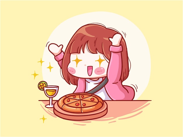 Garota fofa e kawaii animada para comer comida manga chibi