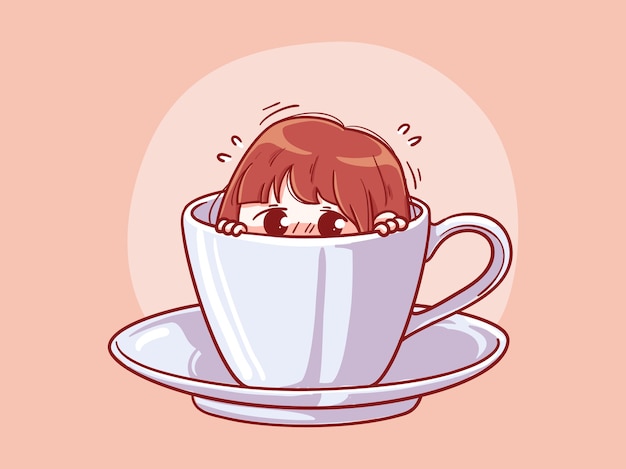 Garota fofa e kawaii com medo ou tímida se esconda em uma xícara de café manga chibi ilustração