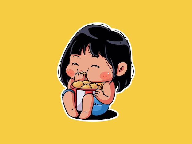 Garota fofa e kawaii comer e desfrutar de um balde de frango pop manga chibi ilustração