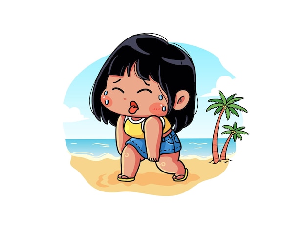 Vetor garota fofa e kawaii está reclamando de estar cansada e com calor porque o verão está chegando chibi