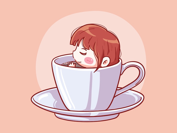 Garota fofa e kawaii relaxe e mergulhe em uma xícara de café Manga Chibi Ilustração