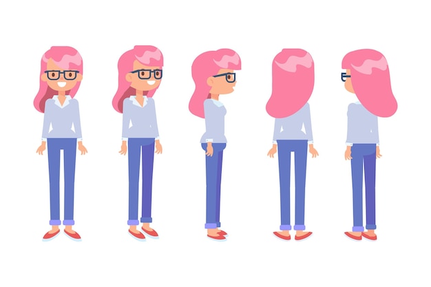 Vetor garota geek com cabelo rosa vista de frente para trás personagem de vetor plano para animação