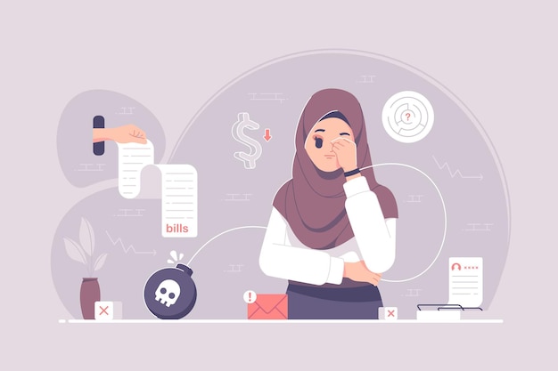 Garota hijab frustrada pensando em dívida