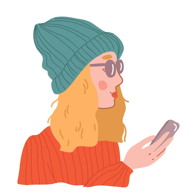 Garota hipster usando gorro e óculos escuros e usando sua ilustração vetorial desenhada à mão por telefone