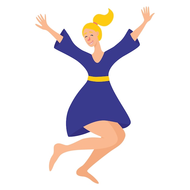 Garota loira feliz pula em um vestido. Emoções, felicidade, sucesso, alegria. Ilustração vetorial no estilo cartoon plana.