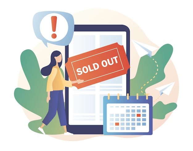 Garota minúscula usa sistema de reservas on-line no aplicativo de smartphone Evento esgotado multidão esgotada sem ingressos