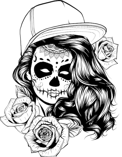 Garota monocromática sexy com rosas isoladas em branco ilustração vetorial preto e branco