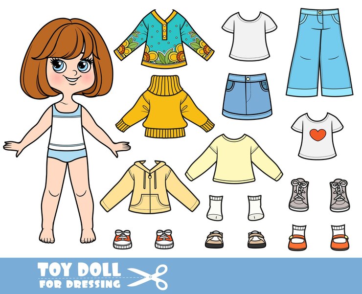 Vetor garota morena de desenho animado com bob curto e roupas separadas camisas de mangas longas suéter jaqueta botas calças jeans e tênis