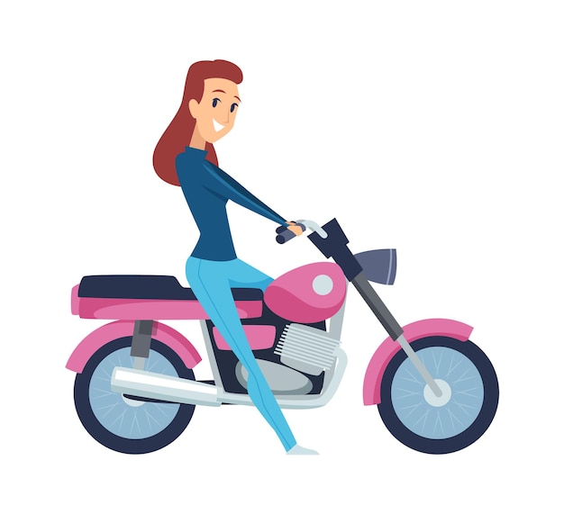 Vetor garota motorista. mulher bonita na motocicleta. mulher isolada dos desenhos animados passeios ilustração vetorial de moto. passeio de moto e moto, transporte de bicicleta