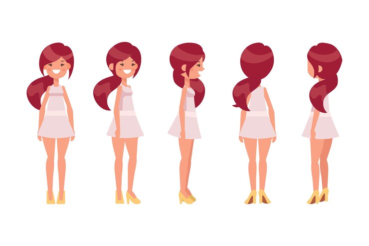 Vetor garota mulher de vestido frente vista traseira personagem de vetor plano para animação separar partes do corpo