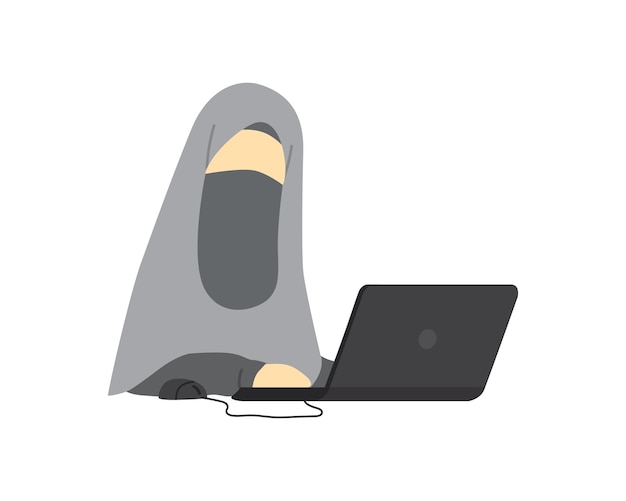 Garota muslimah usando hijab e trabalhando na ilustração do laptop