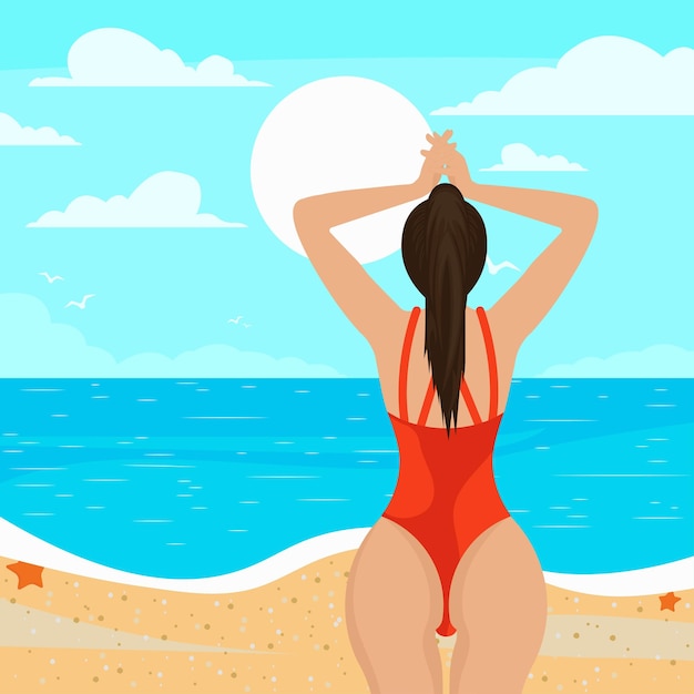 Garota na praia tomando banho de sol, ilustração vetorial