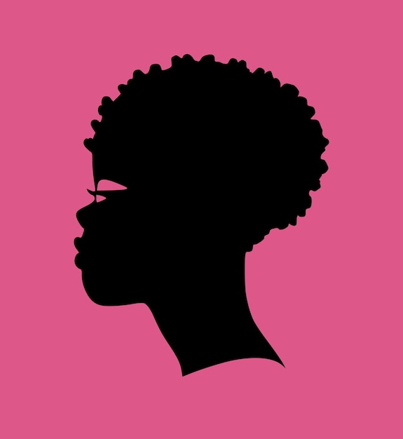 Vetor garota negra afro-americana, mulher, cabeça, perfil, silhueta, cabelo curto, encaracolado, fundo rosa