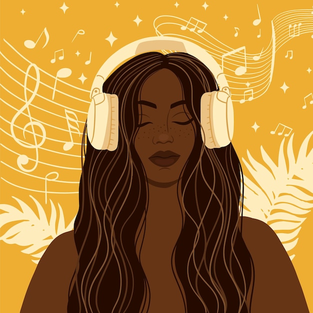 Vetor garota negra com fones de ouvido ouvindo música