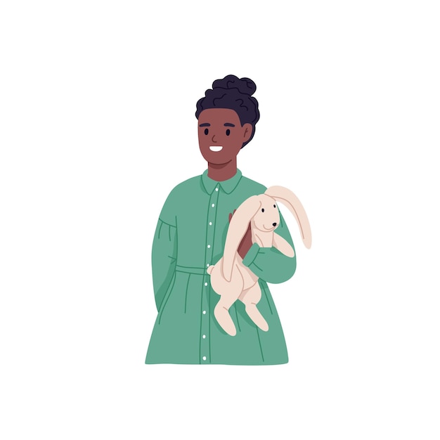 Vetor garota negra feliz com brinquedo de coelho nas mãos criança afro-americana sorrindo e segurando coelho de pelúcia retrato de criança alegre alegre ilustração em vetor plana colorida isolada no fundo branco