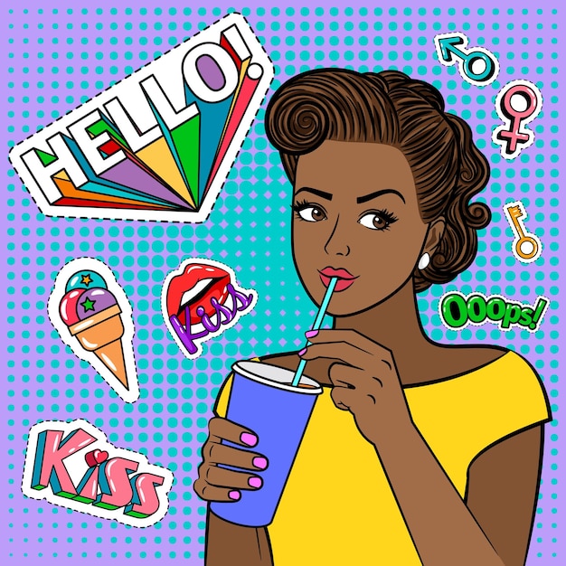 Garota negra pop art com bebida. mulher bonita e cômica segurando um copo de papel, ilustração retrô da moda mulher afro-americana