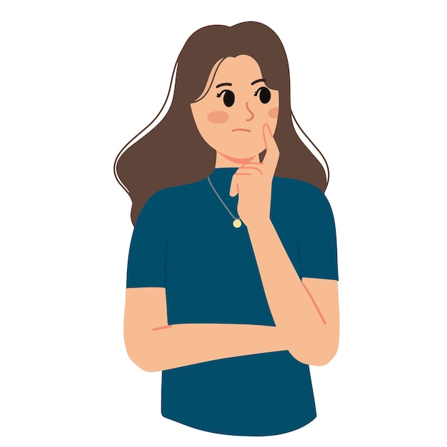 Garota pensando e confundindo com o dedo em sua bochecha ilustração de gesto de maravilha