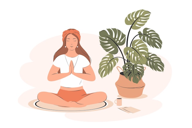 Garota praticando ioga e desfrutando de meditação em seu quarto ou apartamento