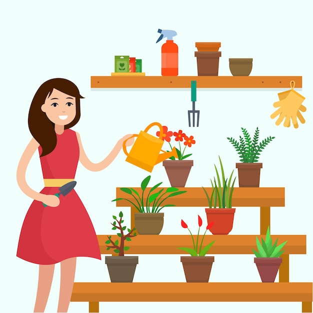 Garota regando as plantas da casa na janela ilustração vetorial de estilo simples