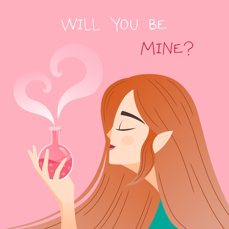 Vetor garota ruiva segurando uma poção do amor em fundo rosa com inscrição você será minha
