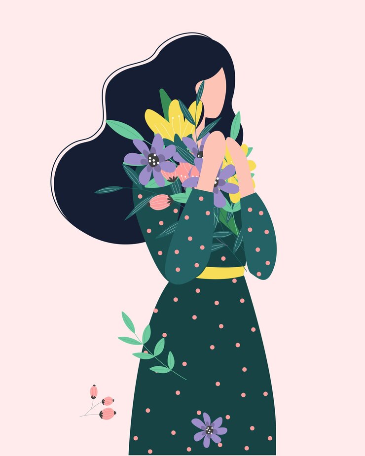 garota segura um buquê de flores. Mulher feliz com um monte de flores silvestres. ilustração plana.