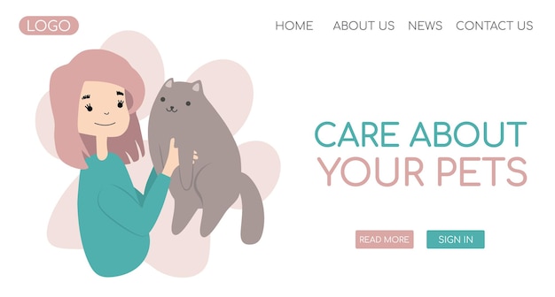 Garota segurando um banner de web de gato fofo grande amando gatos muito felizes animais de estimação Dia do gato Adote animais de estimação Estilo vetorial de desenho animado