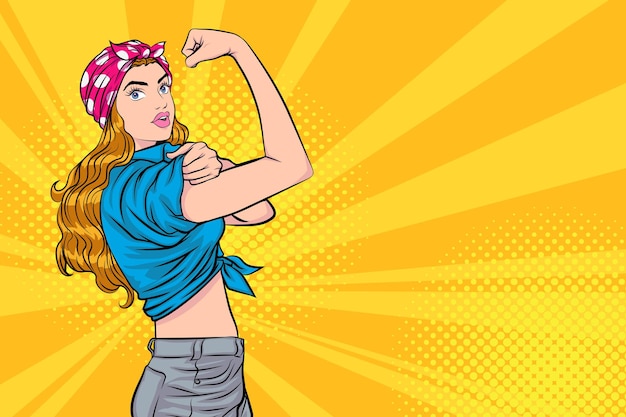 Garota sexy e forte com ações do We Can Do It Pop Art Comic Style