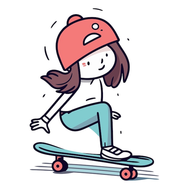 Garota skateboarder com chapéu vermelho e ilustração vetorial de skateboard