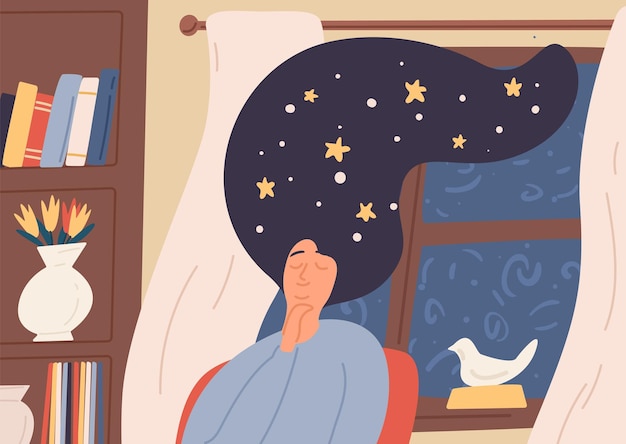 Garota sonhadora com céu estrelado em cabelos longos, sentado perto de ilustração plana vetorial de janela. mulher sonhando acordada com os olhos fechados imaginando à noite. fêmea de desenho animado com espaço em vez de penteado.