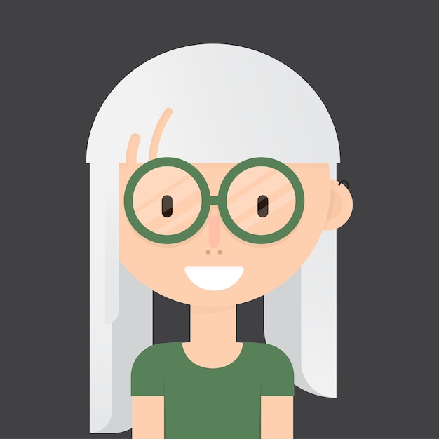 Garota sorridente com avatar de cabelo grisalho claro pirsando fones de ouvido Estilo plano no fundo branco
