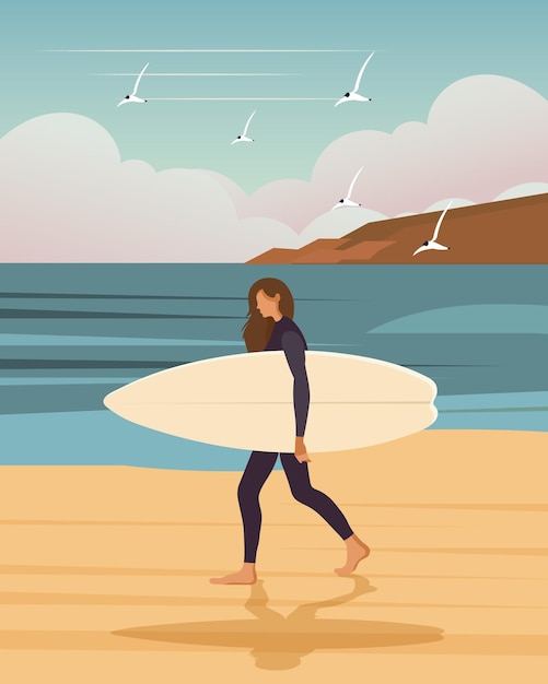 Vetor garota surfista à beira-mar com uma prancha de surf no pano de fundo de uma paisagem marinha recreação ativa