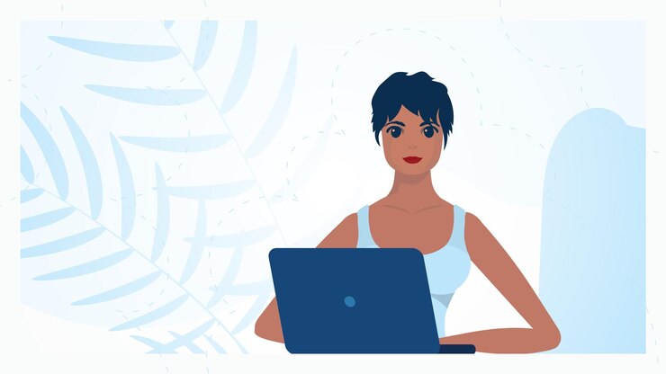Vetor garota trabalhando atrás de um laptop educação ou conceito de trabalho vetor em estilo cartoon