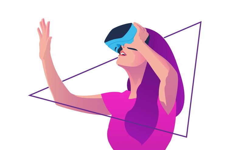 Vetor garota usando óculos de realidade virtual enquanto levanta a mão direita