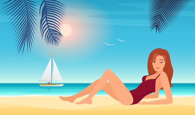 Garota verão de biquíni linda jovem de maiô tomando banho de sol em uma praia tropical