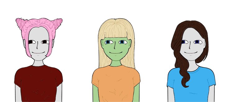 Vetor garotas com cabelo diferente e roupas de cores diferentes rabiscam desenhos de linha
