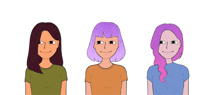 Vetor garotas com cabelo diferente e roupas de cores diferentes rabiscam desenhos de linha