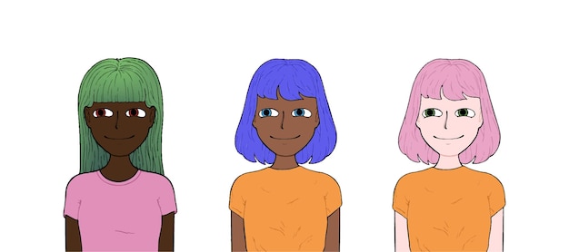 Garotas com cabelo diferente e roupas de cores diferentes rabiscam desenhos de linha