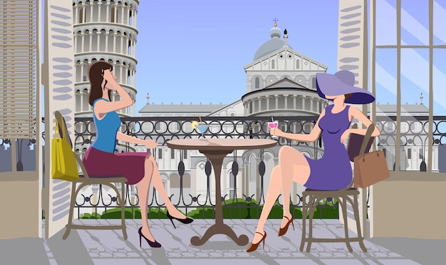 Garotas no terraço tomando café em uma ilustração de uma cidade italiana