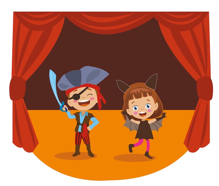 Vetor garotas piratas e morcegos encenando o teatro