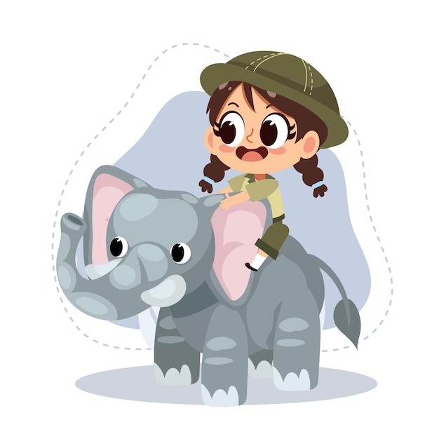 Garotinha do zookeeper com ilustração de personagem de desenho animado de elefanteconceito de animal loverzoo