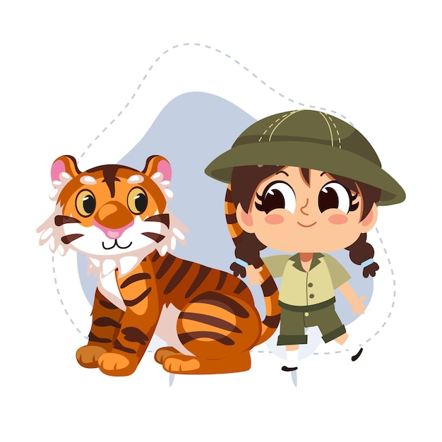 Garotinha do zookeeper com ilustração de personagem de desenho animado Tigervectorconceito de amante de zoológico