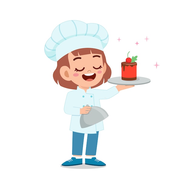 Garotinha feliz e fofa usando uniforme de chef e cozinhando um bolo de aniversário