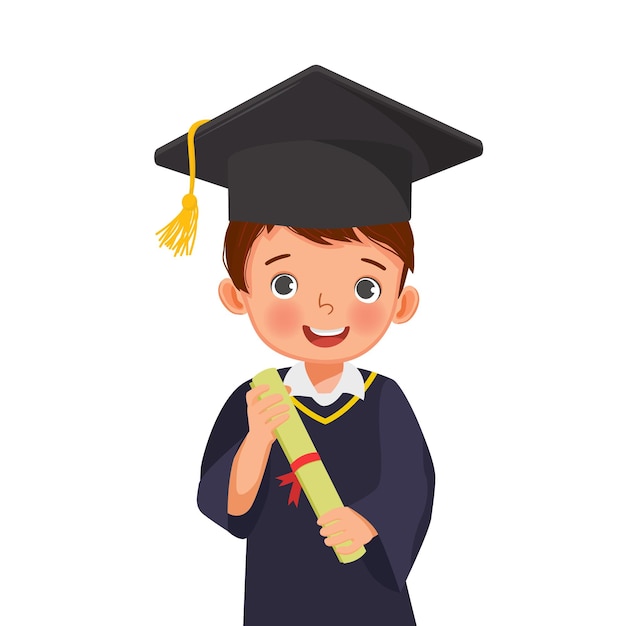 garotinho bonitinho no chapéu de formatura e vestido segurando o certificado de diploma