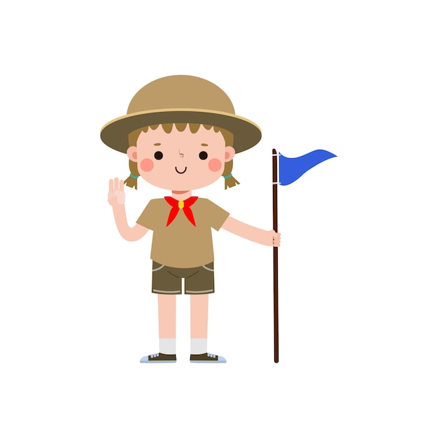 Garotinho bonitinho segurando bandeira escoteiro ou uniforme de honra de escoteira acampamento de verão para crianças
