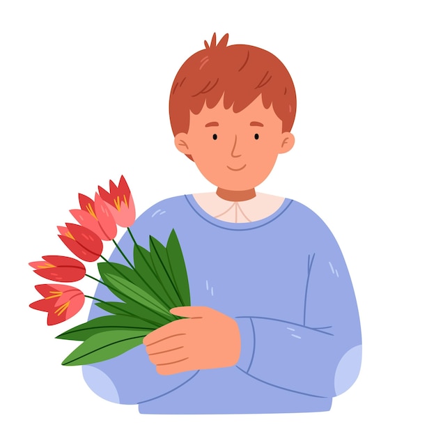 Garotinho com flores buquê de tulipas para feriado feminino dia das mães