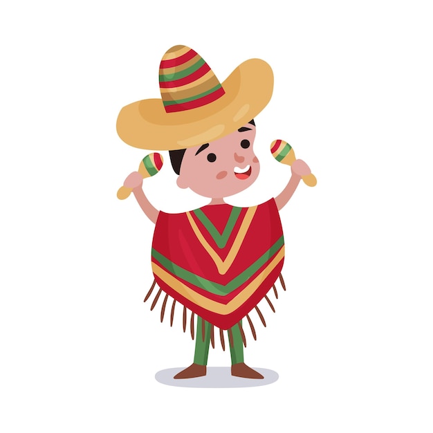 Garotinho com roupas nacionais do país do méxico, criança vestindo poncho e sombrero segurando maracas coloridas ilustração vetorial em um fundo branco